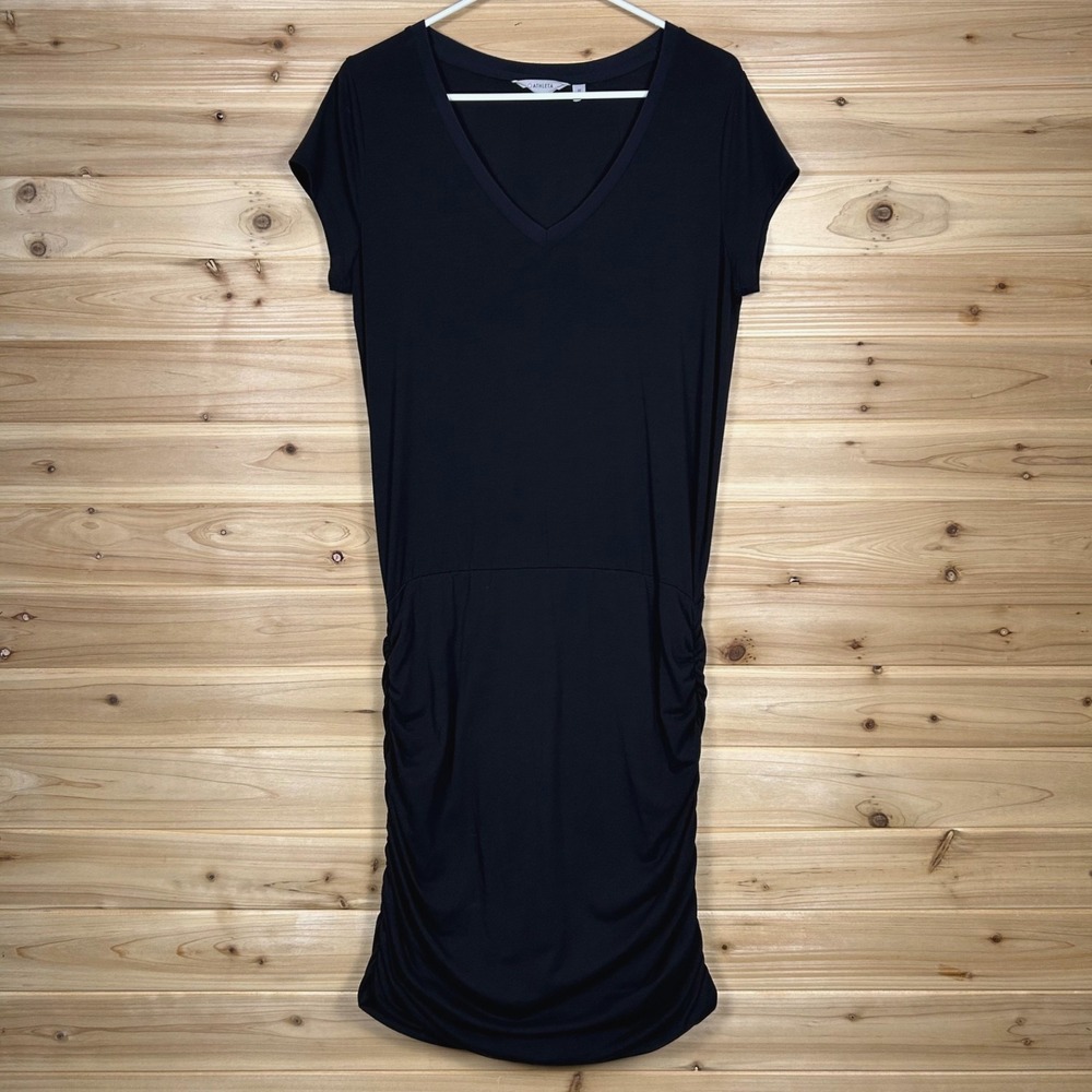 Athleta Dress Womens Medium Black Topanga V-neck Ruched Midi T-Shirt Dress